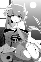 Rule 34 | 1girl, blush, breasts, dragon girl, dragon horns, fate/grand order, fate (series), greyscale, hanabana tsubomi, hand on own chest, horns, japanese clothes, kimono, kiyohime (fate), looking at viewer, monochrome, moon, multiple horns, obi, parted lips, partially undressed, reeds, sash, seiza, sitting, small breasts, smile, solo, tagme, thighhighs