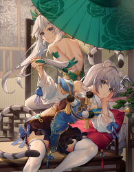 Rule 34 | 2girls, animal ears, back, bare shoulders, blue eyes, bronya zaychik, china dress, chinese clothes, closed mouth, couch, dress, fireworks, gauntlets, ginklaga, grey eyes, grey hair, hand on own cheek, hand on own face, highres, holding, holding umbrella, honkai (series), honkai impact 3rd, long hair, looking at viewer, looking back, multiple girls, night, night sky, oil-paper umbrella, sitting, sky, sleeveless, sleeveless dress, smile, tail, theresa apocalypse, thighhighs, tiger ears, tiger tail, umbrella, white hair, white legwear, window