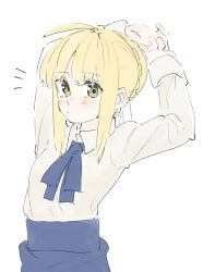 Rule 34 | 1girl, arms up, artoria pendragon (all), artoria pendragon (fate), blonde hair, blue ribbon, blue skirt, blush, collared shirt, expressionless, fate/stay night, fate (series), green eyes, hair bun, high-waist skirt, highres, long sleeves, looking at viewer, neck ribbon, own hands together, ribbon, saber (fate), shirt, sidelocks, simple background, sketch, skirt, solo, stretching, tenoo12, upper body, white background