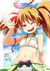 Rule 34 | 1girl, ;d, ahoge, arm at side, armband, bikini, blue sky, brown hair, dated, day, dina (sennen sensou aigis), flat chest, green eyes, groin, hand up, huge ahoge, looking at viewer, navel, one eye closed, open mouth, outdoors, sennen sensou aigis, sky, smile, solo, standing, striped bikini, striped clothes, swimsuit, twintails, yuu-yuu
