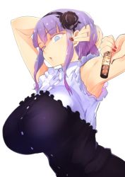 Rule 34 | 10s, 1girl, ;o, arm behind head, armpits, arms up, bad id, bad twitter id, bare arms, black flower, black rose, blue eyes, blunt bangs, breasts, buttons, candy, colored eyelashes, dagashi kashi, flower, food, frilled shirt, frills, from side, hair flower, hair ornament, hairband, hand in own hair, holding, huge breasts, nail polish, nuezou, one eye closed, purple hair, red nails, rose, shidare hotaru, shirt, short hair, simple background, sleeveless, sleeveless shirt, solo, upper body, white background, wing collar