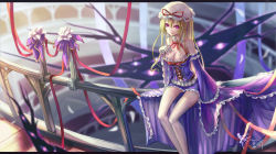 Rule 34 | 1girl, bare shoulders, blonde hair, bow, breast suppress, breasts, cleavage, corset, cross-laced clothes, detached collar, detached sleeves, flower, frills, gap (touhou), hair between eyes, hat, letterboxed, long hair, long skirt, mob cap, petals, purple eyes, purple skirt, railing, red bow, red ribbon, ribbon, signature, sitting, skirt, skirt set, solo, thighhighs, touhou, wangchuan de quanyan, white background, white thighhighs, yakumo yukari