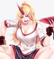 Rule 34 | &gt;:d, 1girl, :d, alternate hairstyle, blonde hair, blue skirt, breasts, cleavage, collarbone, cuffs, cup, highres, horns, hoshiguma yuugi, indian style, large breasts, long hair, looking at viewer, mappe (778exceed), open mouth, pointy ears, ponytail, red eyes, sakazuki, shackles, shirt, single horn, sitting, skirt, slit pupils, smile, solo, touhou, tsurime, v-shaped eyebrows, white shirt