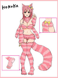 Rule 34 | 1girl, animal ears, breasts, cat ears, character sheet, cheshire cat (cosplay), cosplay, dead or alive, fingerless gloves, full body, gloves, hachuurui, honoka (doa), nail polish, navel, pink eyes, pink hair, ribbon, sharp nails, shorts, simple background, smile, solo, tail, thighhighs, white background, zettai ryouiki