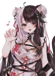 Rule 34 | 1girl, ahoge, animal ear fluff, animal ears, bell, black hair, blush, breasts, bun cover, cat ears, chest strap, china dress, chinese clothes, cleavage, clothing cutout, dot nose, double bun, dress, eyeshadow, fang, floral print dress, hair bell, hair bun, hair ornament, heart, highres, jingle bell, kemonomimi mode, long hair, looking at viewer, makeup, medium breasts, multicolored hair, multicolored ribbon, navel cutout, neko tengoku, nijisanji, open mouth, paw pose, print dress, red eyes, red eyeshadow, red hair, ribbon, simple background, smile, solo, split-color hair, streaked hair, tassel, tassel hair ornament, twitter username, two-tone hair, underboob cutout, very long hair, virtual youtuber, white background, white dress, white hair, yorumi rena, yorumi rena (10th costume)