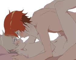 Rule 34 | 10s, 2boys, ahoge, arm support, black eyes, blonde hair, blush, cum, eye contact, face-to-face, from side, groin, guranaada, hand on another&#039;s cheek, hand on another&#039;s face, haru (tsuritama), imminent kiss, looking at another, lying, male focus, missionary, multiple boys, navel, nude, on back, open mouth, purple eyes, red hair, sanada yuki, sex, short hair, shoulder blades, simple background, sweat, tsuritama, white background, yaoi