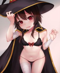 Rule 34 | 1girl, alternate costume, bandaged arm, bandaged leg, bandages, bikini, black bikini, black cape, black hat, blush, breasts, brown hair, cape, collarbone, commentary, hair between eyes, hat, highres, kono subarashii sekai ni shukufuku wo!, looking at viewer, megumin, navel, ompf, open mouth, red eyes, short hair with long locks, small breasts, solo, swimsuit, witch hat