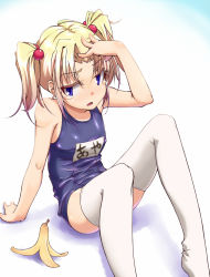 Rule 34 | 1girl, arm up, aya shachou, banana peel, blonde hair, blue eyes, blue one-piece swimsuit, fictional persona, gradient hair, hair bobbles, hair ornament, hand on own head, looking at viewer, multicolored hair, name tag, one-piece swimsuit, original, purple hair, school swimsuit, self-portrait, sitting, solo, swimsuit, thighhighs, twintails, white thighhighs