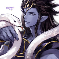 Rule 34 | 1boy, armor, black hair, blue eyes, colored skin, dated, granblue fantasy, long hair, looking at viewer, pointy ears, purple skin, shiva (granblue fantasy), simple background, snake, solo, uroko (mnr), white background