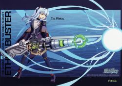 Rule 34 | 10s, 1girl, 2011, armor, armored dress, blue background, blue hair, blue theme, blue thighhighs, capelet, character name, company name, copyright name, eiyuu densetsu, enami katsumi, energy, english text, falcom, full body, long hair, official art, open mouth, shoes, skirt, solo, thighhighs, tio plato, two side up, weapon, yellow eyes, zero no kiseki