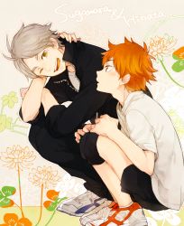 Rule 34 | 10s, 2boys, blouse, blush, brown eyes, character name, crossed arms, eye contact, facial mark, flower, from side, full body, grey hair, haikyuu!!, hand on own neck, hinata shouyou, knee pads, looking at another, male focus, mole, multiple boys, one eye closed, open mouth, orange hair, profile, shina-love, shirt, shoes, short hair, shorts, sleeves rolled up, smile, sneakers, socks, squatting, sugawara koushi, t-shirt, thick eyebrows, track suit, white shirt