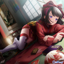 Rule 34 | 1girl, ball, black hair, book, chain paradox, copyright name, dutch angle, hair ornament, hairpin, hanging scroll, indoors, japanese clothes, kimono, long hair, lying, official art, on stomach, purple eyes, red kimono, scroll, sheath, sheathed, shouu, sword, tatami, thighhighs, tray, wallet, weapon, white thighhighs, window
