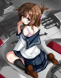 Rule 34 | 1girl, black socks, black sailor collar, brown eyes, brown footwear, brown hair, camisole, commentary request, folded ponytail, from behind, highres, inazuma (kancolle), kantai collection, kneehighs, knolling, loafers, long hair, long sleeves, looking at viewer, machinery, nukoyarou, sailor collar, school uniform, serafuku, shirt, shoes, sitting, socks, solo, tile floor, tiles, wariza, white shirt