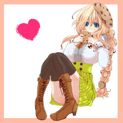 Rule 34 | 1girl, alternate costume, blonde hair, boots, breasts, cookie, female focus, food, hjm, kyoukaisenjou no horizon, mary stuart, scar, smile, solo, thighhighs