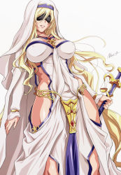 Rule 34 | 10s, 1girl, blindfold, blonde hair, blush, breasts, commentary request, covered erect nipples, dress, goblin slayer!, habit, highres, hip vent, jewelry, large breasts, long hair, looking at viewer, necklace, nolia, parted lips, shiny skin, simple background, smile, solo, staff, standing, sword maiden, teeth, very long hair, white background, white dress