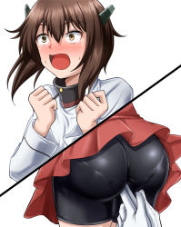 Rule 34 | 1girl, ass, bike shorts, blush, brown eyes, brown hair, commentary request, gloves, headgear, highres, kanchou, kantai collection, open mouth, pantylines, short hair, surprised, sweatdrop, taihou (kancolle), tears, white background, white gloves, zanntetu