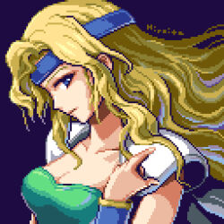 1girl blonde_hair blue_eyes blue_headband breasts celes_chere cleavage final_fantasy final_fantasy_vi from_side green_leotard hand_up headband hiroita leotard long_hair looking_at_viewer lowres pixel_art portrait profile purple_background shoulder_pads solo strapless strapless_leotard