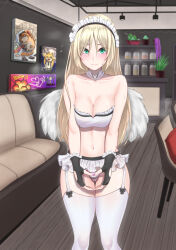 Rule 34 | 1girl, alternate breast size, an-94 (girls&#039; frontline), aqua eyes, bare shoulders, blonde hair, blush, breasts, cactus, chair, cleavage, collarbone, couch, detached collar, feathered wings, fingerless gloves, frilled tube top, frills, garter straps, girls&#039; frontline, gloves, heart, heart hands, highres, indoors, jar, long hair, looking at viewer, maid, maid headdress, medium breasts, microskirt, navel, painting (object), panties, popoman, skirt, solo, standing, strapless, sweat, thighhighs, tube top, underwear, white panties, white thighhighs, white tube top, wings