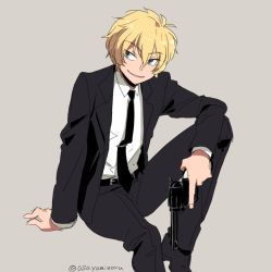 Rule 34 | 1boy, alternate costume, arm support, asaya minoru, bad id, bad pixiv id, billy the kid (fate), black footwear, black jacket, black necktie, black pants, blonde hair, blue eyes, brown background, collared shirt, fate/grand order, fate (series), gun, hair between eyes, handgun, holding, holding gun, holding weapon, jacket, long sleeves, looking away, looking to the side, male focus, necktie, pants, parted lips, revolver, shirt, shoes, simple background, sitting, smile, solo, tuxedo, twitter username, weapon, white shirt