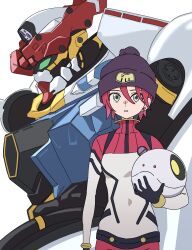 1girl absurdres amate_yuzuriha aqua_eyes bodysuit gquuuuuux green_eyes gundam gundam_gquuuuuux haro hat highres holding looking_at_viewer mecha mecha_pilot_suit mobile_suit multicolored_bodysuit multicolored_clothes normal_suit red_hair robot science_fiction short_hair simple_background soutou_nagi upper_body v-fin white_background