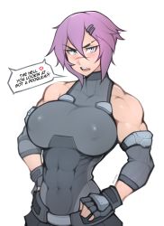 Rule 34 | !, ..., 1girl, abs, absurdres, anger vein, artist name, bare shoulders, blush, breasts, covered collarbone, covered navel, english text, fingerless gloves, gloves, grey eyes, hair between eyes, hands on own hips, highres, large breasts, looking at viewer, maya (roadi3), muscular, muscular female, original, purple hair, roadi3, scar, scar on face, scar on nose, short hair, simple background, solo, speech bubble, spoken anger vein, teeth, tongue, twitter username, white background