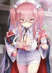 Rule 34 | 1girl, ahoge, azur lane, bespectacled, black coat, blunt bangs, blush, breasts, cleavage, closed mouth, coat, cowboy shot, dress, glasses, gloves, hat, holding, holding syringe, id card, large breasts, leaning forward, long hair, long sleeves, looking at viewer, nurse, nurse cap, open clothes, open coat, perseus (azur lane), perseus (unfamiliar duties) (azur lane), pink eyes, pink gloves, pink hair, rectangular eyewear, red-framed eyewear, rin2008, semi-rimless eyewear, sidelocks, solo, syringe, thigh gap, thighs, twintails, under-rim eyewear, very long hair, white dress, wrist cuffs