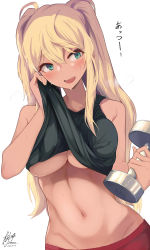 Rule 34 | 1girl, :d, absurdres, ahoge, bare shoulders, black shirt, black tank top, blonde hair, blush, breasts, breath, clothes lift, cowboy shot, dark-skinned female, dark skin, dated, dumbbell, dumbbell nan kilo moteru?, fang, green eyes, groin, gyaru, highres, holding, large breasts, long hair, looking to the side, navel, open mouth, sakura hibiki, shirt, shirt lift, signature, simple background, smile, solo, stomach, sweat, tan, tank top, translation request, twintails, underboob, white background, wiping face, wiping sweat, yuzuki himuka