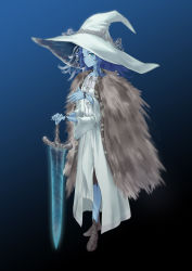 Rule 34 | 1girl, absurdres, blue eyes, blue hair, blue skin, brown cloak, cloak, closed mouth, colored skin, commentary request, cracked skin, doll joints, dress, elden ring, extra arms, extra faces, full body, fur cloak, greatsword, hat, highres, holding, holding sword, holding weapon, joints, long hair, looking at viewer, mian li, moonlight greatsword, one eye closed, own hands together, ranni the witch, smile, solo, sword, weapon, white dress, white hat, wide sleeves, witch, witch hat