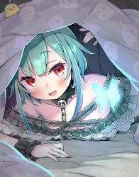 Rule 34 | 1girl, ayaoshiro, bare shoulders, black dress, blanket, blush, breasts, bug, butterfly, chain, collarbone, detached collar, downblouse, dress, frilled dress, frills, green hair, highres, hololive, insect, looking at viewer, lying, no bra, on bed, on stomach, open mouth, pillow, piyoko (uruha rushia), red eyes, sidelocks, skull, small breasts, smile, solo, under covers, uruha rushia, uruha rushia (3rd costume), virtual youtuber, wrist cuffs