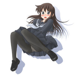 1girl blue_eyes blush brown_hair crotch_seam female_focus lielos long_hair original panties panties_under_pantyhose pantyhose pantyshot school_uniform sera_haruna serafuku shoes skirt solo underwear upskirt