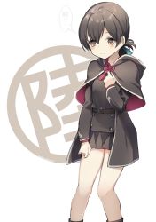 Rule 34 | 1girl, belt, black capelet, black hair, black skirt, blush, brown belt, brown eyes, capelet, closed mouth, cosplay, feet out of frame, folded ponytail, hair between eyes, hood, hooded capelet, kantai collection, kasuga maru (kancolle), long sleeves, pleated skirt, shinshuu maru (kancolle), shinshuu maru (kancolle) (cosplay), short hair, simple background, skirt, solo, thought bubble, white background, yamashichi (mtseven)