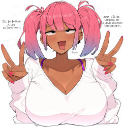 Rule 34 | 1girl, ahegao, blunt bangs, blush, breasts, cleavage, collarbone, commentary, dark skin, double v, drooling, earrings, english text, facing viewer, fang, fingernails, gradient hair, hair between eyes, jewelry, large breasts, long fingernails, long hair, long sleeves, mouth drool, multicolored hair, ohasi, open mouth, original, pink (ohasi), pink hair, pink nails, puff of air, rolling eyes, shirt, simple background, skin fang, sleeves past wrists, solo, sweat, symbol-only commentary, twintails, upper body, v, white background, white shirt