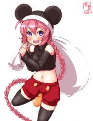 Rule 34 | 1girl, alternate costume, animal ears, artist logo, black thighhighs, blue eyes, braid, breasts, commentary request, cosplay, cowboy shot, crop top, dated, detached sleeves, disney, hair between eyes, highres, kanon (kurogane knights), kantai collection, long hair, looking at viewer, mickey mouse, mickey mouse (cosplay), mickey mouse ears, mouse ears, mouse tail, navel, nenohi (kancolle), open mouth, pink hair, red shorts, revision, sack, shorts, simple background, single braid, small breasts, solo, tail, thighhighs, turtleneck, white background, yellow footwear