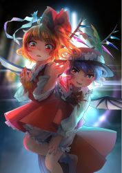 Rule 34 | 2girls, ascot, backlighting, bat wings, blonde hair, bloomers, blue hair, blunt bangs, commentary request, cosplay, detached sleeves, dolls in pseudo paradise, dress, flandre scarlet, frilled dress, frills, gohei, hair ornament, hair stick, hakurei reimu, hakurei reimu (cosplay), hands up, hat, highres, jacket girl (dipp), jacket girl (dipp) (cosplay), long sleeves, looking at viewer, multiple girls, parted lips, puffy long sleeves, puffy sleeves, red dress, red eyes, remilia scarlet, ribbon-trimmed collar, ribbon trim, short hair, side ponytail, signature, smile, touhou, underwear, welt (kinsei koutenkyoku), wide sleeves, wings, yellow ascot