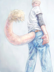 Rule 34 | 1boy, blonde hair, boku no hero academia, denim, highres, jeans, jirou2, looking at viewer, looking back, male focus, ojiro mashirao, pants, shirt, simple background, solo, standing, tail, thumb in pocket, white background, white shirt