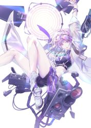 Rule 34 | 1girl, absurdres, adjusting goggles, commentary request, crop top, fagun yibei, fresnel (neural cloud), girls&#039; frontline, girls&#039; frontline neural cloud, goggles, goggles on head, gradient neckwear, highres, id card, legs, lights, looking at viewer, midriff, open mouth, purple eyes, purple hair, shoes, short hair, shorts, socks, solo, white background
