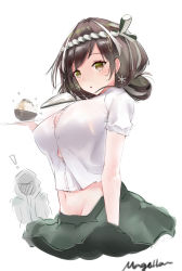 Rule 34 | !, 1girl, 1other, absurdres, arknights, black hair, blush, breasts, chinese commentary, commentary request, doctor (arknights), grey eyes, grey skirt, hachimaki, headband, highres, large breasts, magallan (arknights), magallan (shaved-ice memories) (arknights), midriff, multicolored hair, navel, nejiri hachimaki, official alternate costume, parted lips, revision, scup, shirt, short hair, short sleeves, simple background, skirt, streaked hair, upper body, white background, white hair, white shirt