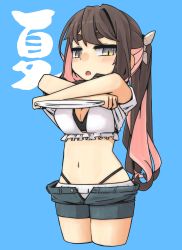 Rule 34 | 1girl, absurdres, bikini, black hair, blue background, breasts, clothes lift, commentary request, cropped legs, denim, denim shorts, grey shorts, highres, kantai collection, large breasts, long hair, looking at viewer, macbail, multicolored hair, naganami (kancolle), pink hair, ponytail, shirt, shirt lift, shorts, simple background, solo, swimsuit, thick eyebrows, undressing, white bikini, white shirt, yellow eyes