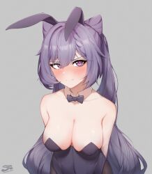 Rule 34 | 1girl, animal ears, artist name, bare shoulders, black pantyhose, blush, bow, bowtie, breasts, cleavage, collarbone, cone hair bun, diamond-shaped pupils, diamond (shape), double bun, embarrassed, fake animal ears, genshin impact, grey background, hair bun, hair ears, highres, keqing (genshin impact), large breasts, leotard, long hair, looking at viewer, nose blush, pantyhose, playboy bunny, purple eyes, purple hair, purple leotard, rabbit ears, sohugh2, solo, symbol-shaped pupils, twintails, upper body