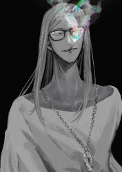 Rule 34 | 1boy, bespectacled, fate/grand order, fate (series), glasses, greyscale, highres, jewelry, long hair, long neck, looking at viewer, male focus, monochrome, necklace, pistachiohyeah, rainbow gradient, simple background, skinny, smirk, solo, spot color, tezcatlipoca (fate), upper body