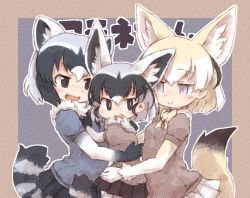 Rule 34 | 10s, 3girls, :d, animal ear fluff, animal ears, black eyes, black hair, blonde hair, blue eyes, borrowed character, closed eyes, commentary request, common raccoon (kemono friends), extra ears, fang, fennec (kemono friends), fox ears, fox tail, girl sandwich, grey hair, group hug, hug, if they mated, kemono friends, kolshica, mother and daughter, multicolored hair, multiple girls, open mouth, outline, pleated skirt, puffy short sleeves, puffy sleeves, raccoon ears, raccoon tail, sandwiched, short hair, short sleeves, skirt, smile, tail, white hair, white outline