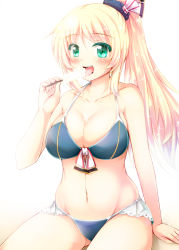 Rule 34 | 10s, 1girl, adapted costume, alternate hairstyle, atago (kancolle), backlighting, bikini, blonde hair, blue bikini, blush, breasts, cleavage, collarbone, food, green eyes, hair ribbon, kantai collection, large breasts, licking, navel, open mouth, ponytail, popsicle, ribbon, scrunchie, sexually suggestive, sitting, solo, spilling, swimsuit, tekehiro