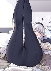 Rule 34 | 1girl, ?, ass, ass focus, blue archive, blush, cameltoe, cleft of venus, highres, himari (blue archive), legs up, looking at viewer, lying, mole, mole under eye, nakamura rohane, on back, on bed, one eye closed, open mouth, smile, teasing