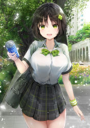 Rule 34 | 1girl, absurdres, bag, black hair, blurry, blurry background, bow, bowtie, breasts, can, clover hair ornament, drink can, flower, green eyes, hair between eyes, hair ornament, highres, hiromaster sinta jh, holding, holding can, large breasts, looking at viewer, open mouth, original, outdoors, patterned clothing, pocari sweat, shirt, short hair, short sleeves, skirt, smile, soda can, solo, standing, sweatdrop, tree, white shirt, wristband