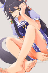 Rule 34 | 1girl, animal ears, artist name, back bow, barefoot, black hair, bow, closed mouth, covering privates, covering crotch, crossed legs, dededeteiu, feet, hair between eyes, hand on own chest, highres, horse ears, horse girl, horse tail, long hair, looking at viewer, mouth hold, narita brian (umamusume), pleated skirt, purple skirt, school uniform, short sleeves, simple background, skirt, solo, stalk in mouth, tail, tracen school uniform, umamusume, white background, yellow eyes