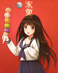 Rule 34 | 1girl, arms up, blouse, blue neckerchief, blue sailor collar, blue skirt, character name, chitanda eru, commentary request, cone, copyright name, food, holding, hyouka, ice cream, ice cream cone, kamiyama high school uniform (hyouka), long hair, long sleeves, looking at viewer, neckerchief, open mouth, pleated skirt, poripori, purple eyes, red background, sailor collar, school uniform, serafuku, shirt, skirt, solo, translated, white shirt