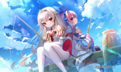 Rule 34 | 2girls, albino, angelic link, bird, blue bow, bow, character request, closed mouth, cloud, detached collar, detached sleeves, dot nose, dress, fishing, fishing rod, hair bow, hair flaps, holding, holding fishing rod, jacket, long hair, looking at viewer, multiple girls, official art, outdoors, panties, pantyhose, pink eyes, pink hair, red eyes, sakofu, saleos (angelic link), short hair, sitting, skirt, sky, smile, tiara, underwear, white dress, white hair, white panties, white pantyhose, white sleeves