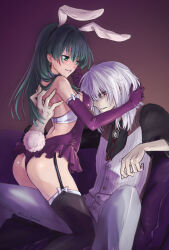 Rule 34 | 1boy, 1girl, accelerator (toaru majutsu no index), animal ears, arm around back, arm around neck, ass, backless leotard, bandeau, bare shoulders, black hairband, black shirt, blush, bolo tie, bow, brown background, closed mouth, commentary, couch, curled fingers, earrings, elbow gloves, fake animal ears, frilled leotard, frills, garter straps, glove bow, gloves, gradient background, green eyes, green hair, hair between eyes, hair over shoulder, hair strand, hairband, hand on own cheek, hand on own face, hetero, highres, jewelry, lap dance, legs on another&#039;s lap, leotard, lingerie, lips, long hair, long sleeves, looking at another, looking at viewer, looking to the side, medium hair, pale skin, pants, parted lips, pink lips, playboy bunny, purple gloves, purple leotard, rabbit ears, rabbit tail, red eyes, saten ruiko, shirt, sitting, spread fingers, spread legs, straddling, strapless, strapless leotard, striped clothes, striped vest, tail, thighhighs, toaru majutsu no index, toaru majutsu no index: genesis testament, tsubame8982, underwear, vertical-striped clothes, vertical-striped vest, vest, white bandeau, white bow, white hair, white pants, white vest