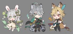 Rule 34 | +++, ahoge, alhaitham (genshin impact), animal ears, blonde hair, cape, chibi, closed mouth, detached sleeves, dress, earrings, feather hair ornament, feathers, flower, full body, genshin impact, green eyes, green hair, grey background, grey hair, hair between eyes, hair ornament, highres, jewelry, kaveh (genshin impact), long hair, looking at viewer, multicolored hair, nahida (genshin impact), open mouth, papajay (jennygin2), pointy ears, red eyes, side ponytail, tail