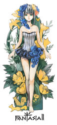Rule 34 | 1girl, art nouveau, bare shoulders, barefoot, bird, breasts, cleavage, dress, flower, full body, green eyes, hair flower, hair ornament, highres, legs, pixiv fantasia, pixiv fantasia 2, silver hair, small breasts, solo, squirrel, strapless, strapless dress, thigh gap, tube dress, yorimo